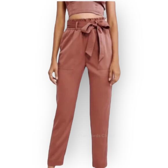 Abercrombie S Burnt Red Satin Paper Bag Pants High Rise Smocked Belted Trousers - Picture 1 of 8